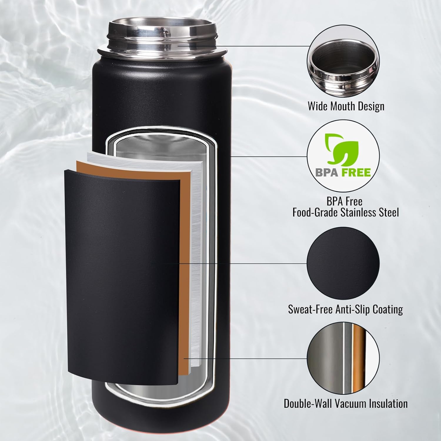 Fijinhom 24 oz Insulated Water Bottle with Handle, 304 Stainless Steel Water Bottles with Wide Mouth, Double Wall Vacuum Sports Water Bottle, BPA Free, Keep Cold and Hot, Black | with Handle, Water Bottles, Wide Mouth, Double Wall Vacuum, Sports Water Bottle, BPA Free - Image 3